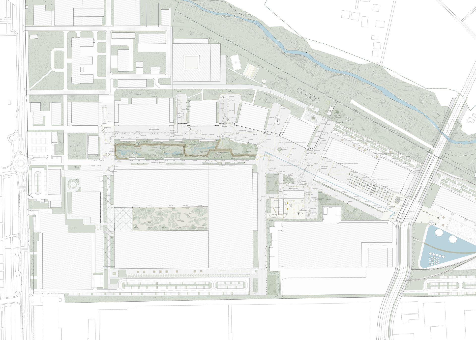 Site masterplan: the two Corsos, the urban garden, the repurposed hangars and the connection to the Timiș River.