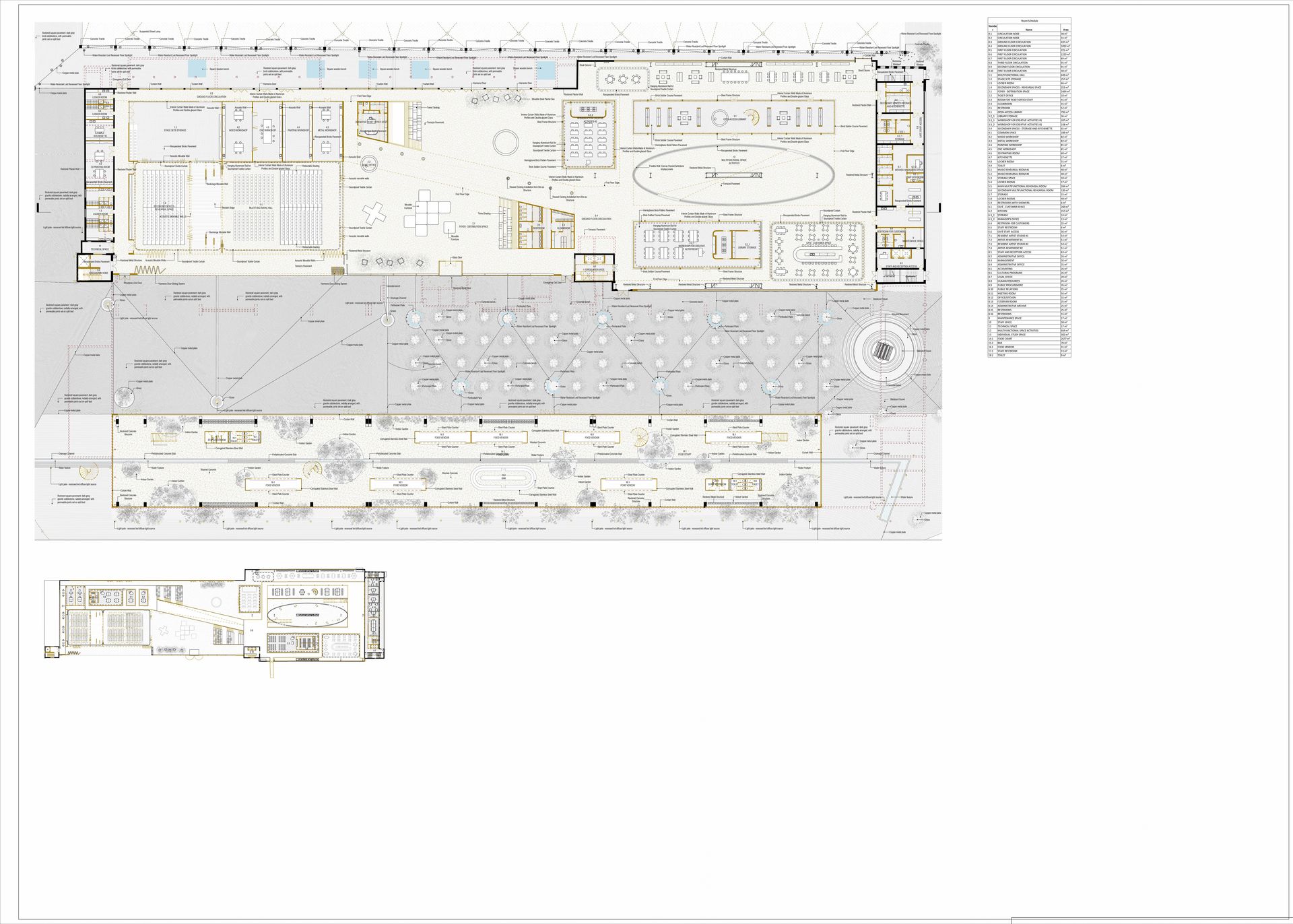 Ground-floor plan of the cultural centre in Hangar 6, with versatile spaces opening onto the garden.