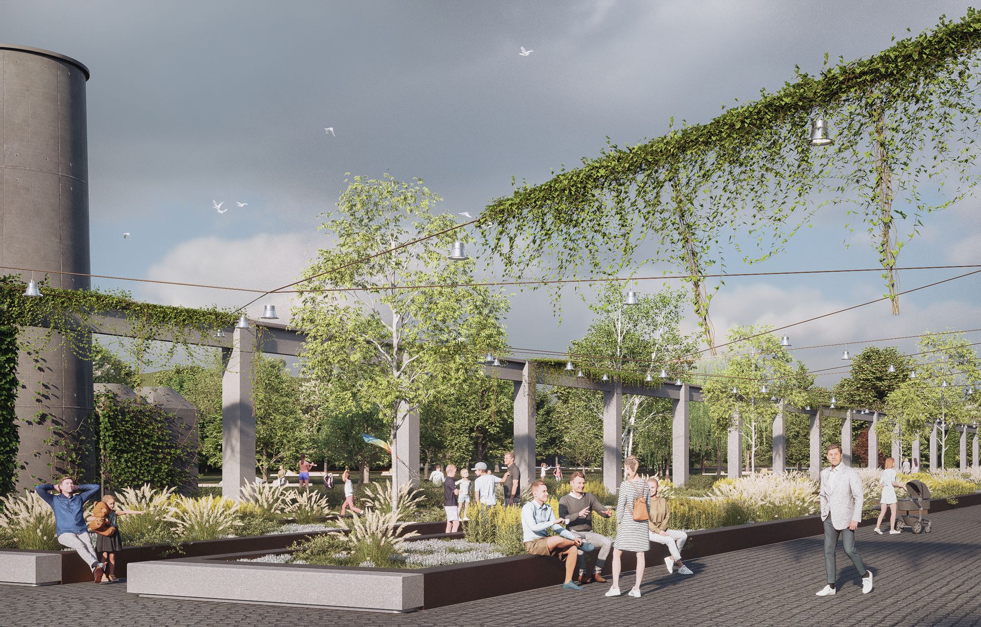 Rear of Hangar 6 and the power-plant chimney, with planted pergolas and a garden for relaxation.