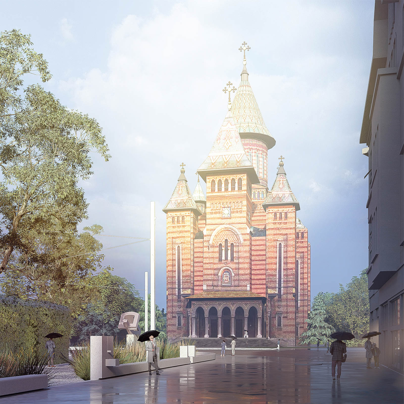 Perspectivă către catedrală în reamenajarea propusă a Pieței Victoriei din Timișoara