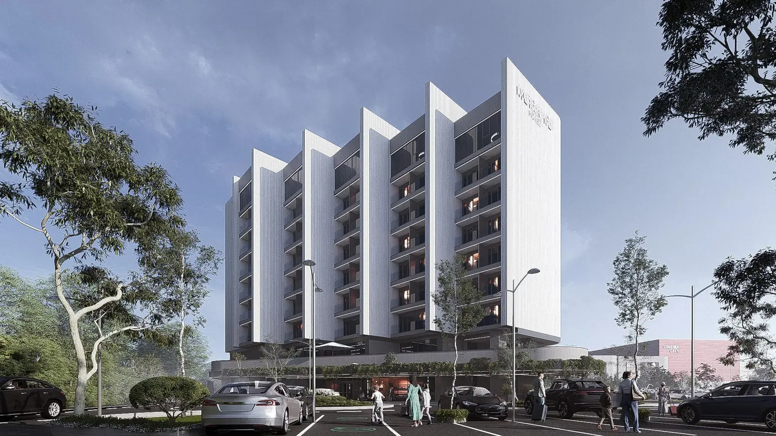 Exterior rendering of the Mercure Bacău hotel: a multi-storey volume with a white pleated, saw-tooth façade, dark glazed balconies and the Mercure Hotels sign on the blank end wall. At street level a planted canopy marks the recessed entrance; in the foreground the car park with cars and pedestrians, and the Cinema City building on the right.
