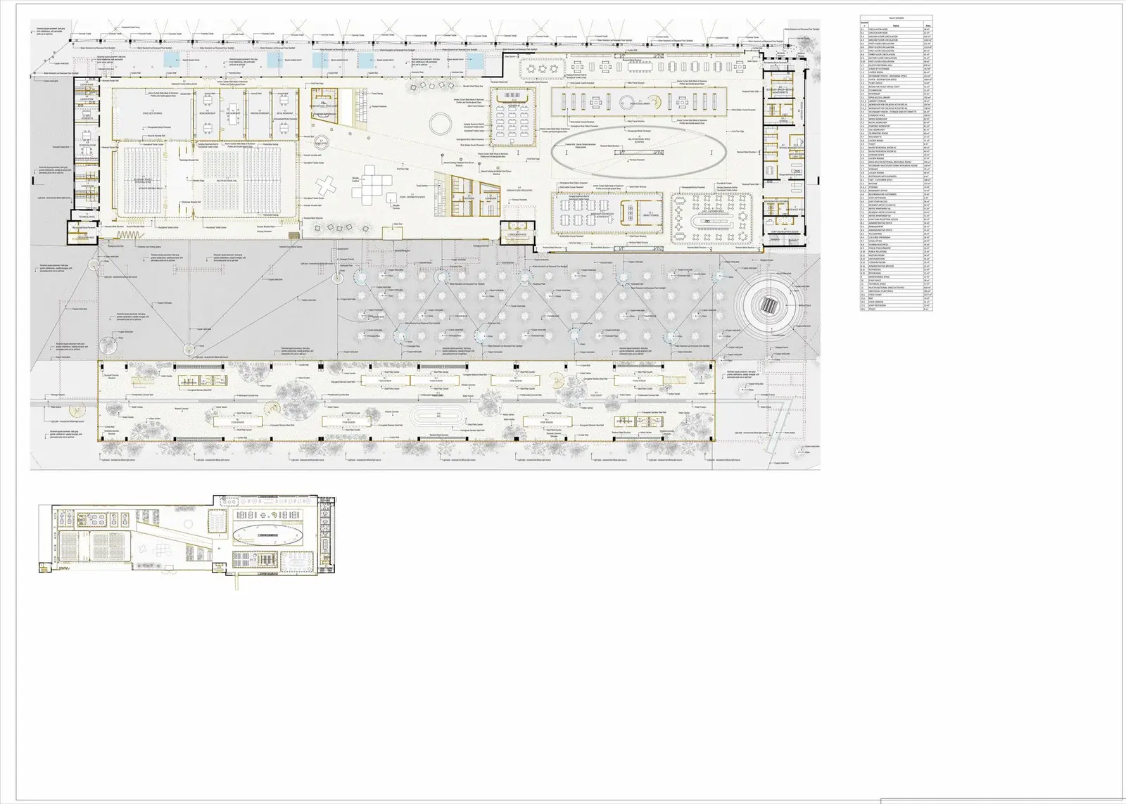 Plan de parter al centrului cultural din Hangarul 6, cu spații versatile deschise spre grădină.