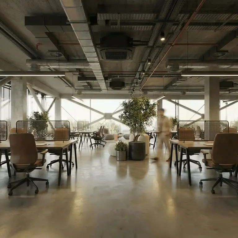 Spațiu de birouri open-space, cu tavan industrial expus, vegetație interioară centrală și lumină naturală generoasă dinspre fațada vitrată.