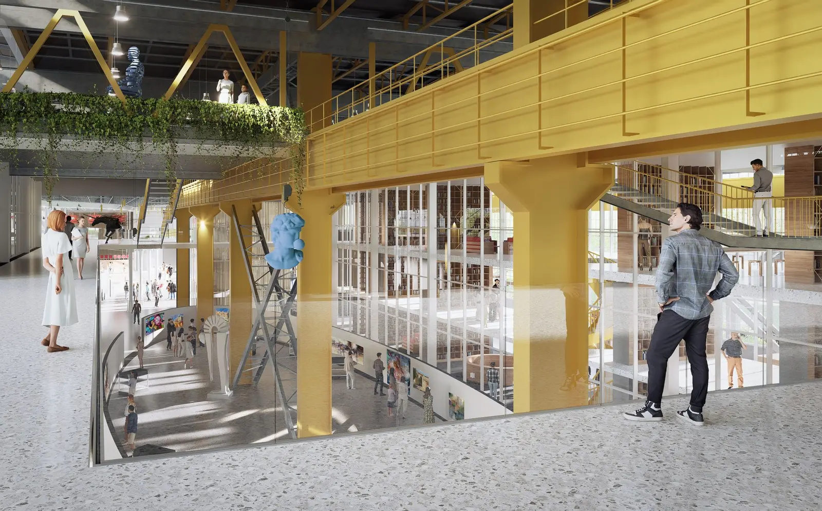 Interior cu planșeul nou detașat de structura veche; podurile rulante și stâlpii, valorificați în galeria de expoziții.