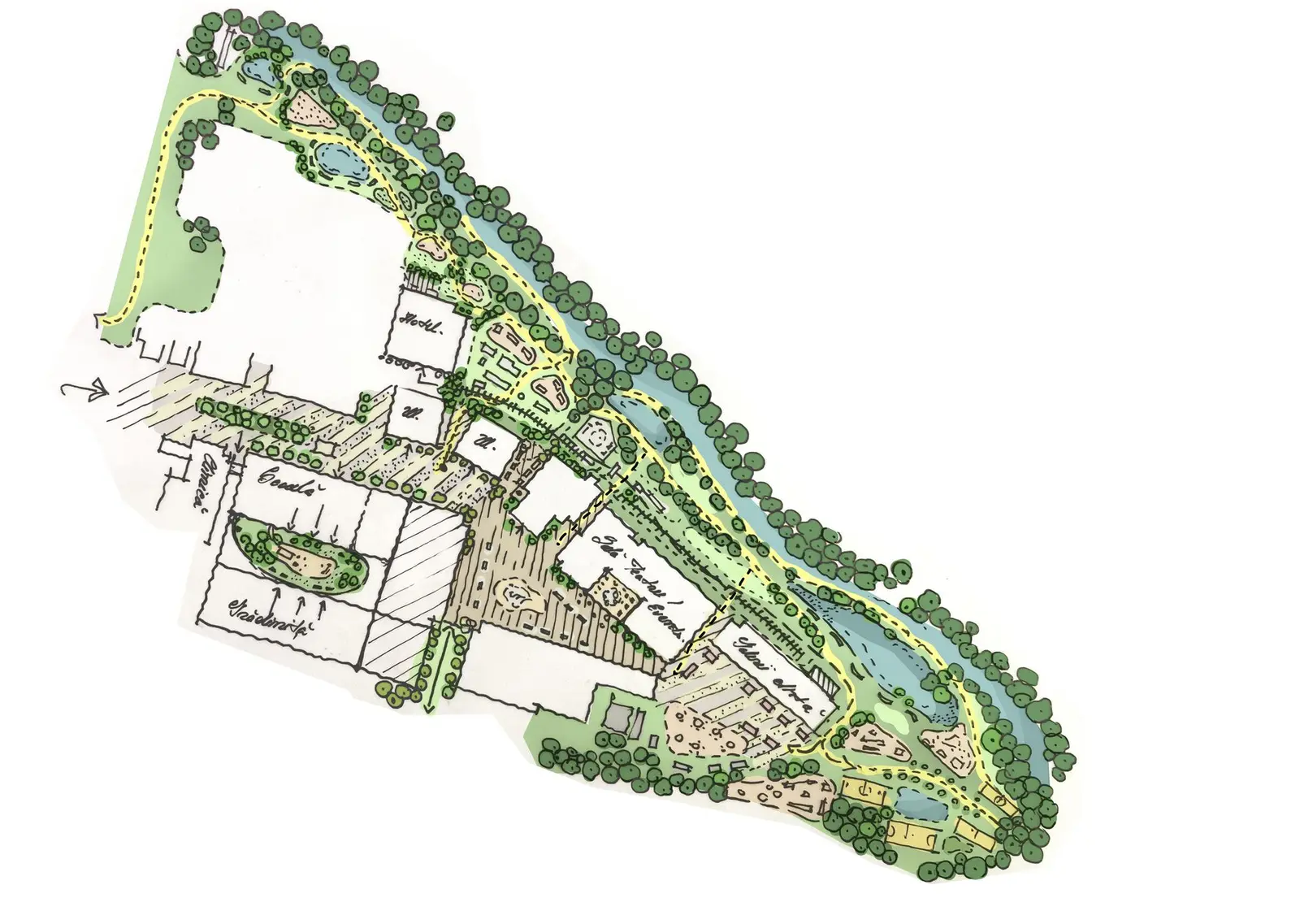 Concept de peisaj desenat: Corso, grădini, coridoare verzi și plantații pe malul râului.