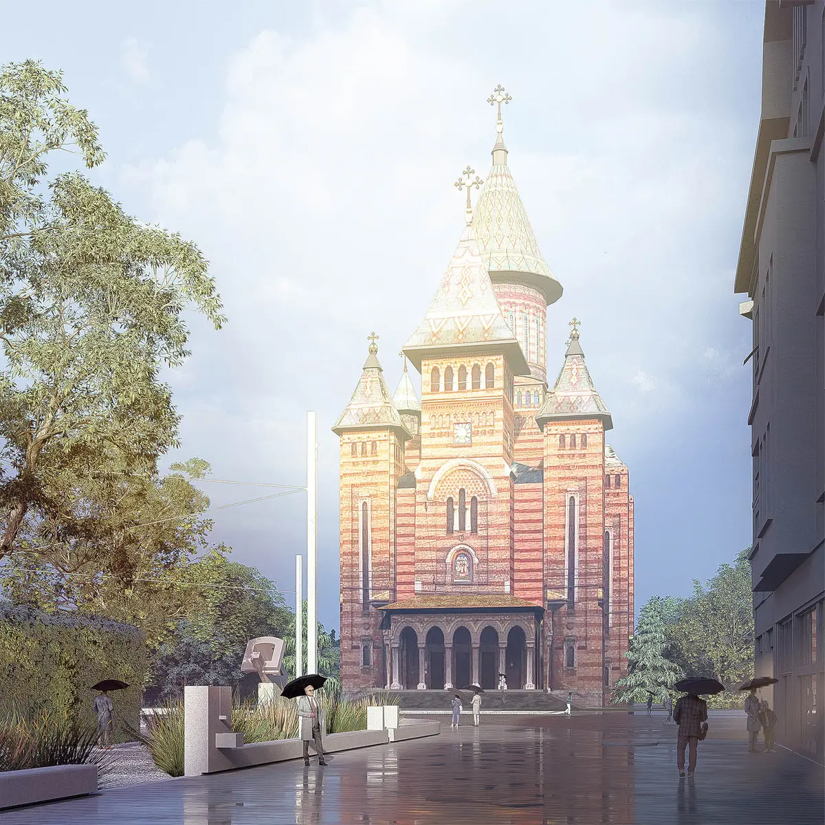 Perspectivă către catedrală în reamenajarea propusă a Pieței Victoriei din Timișoara