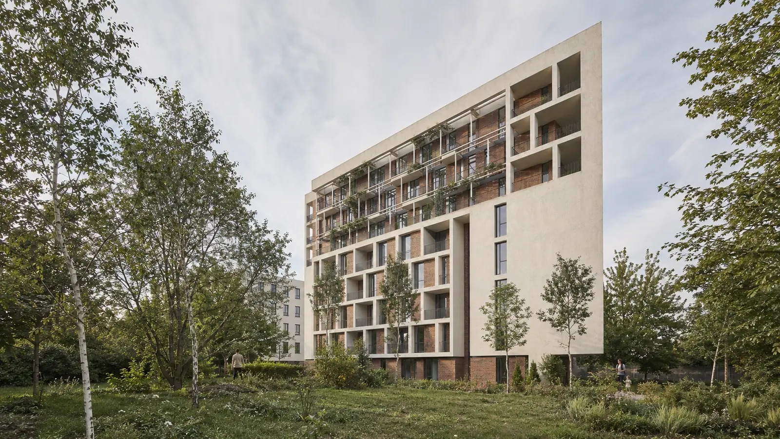 The building seen from the planting on the plot: the white party wall to the right, and to the left the loggias and the upper levels with climbing plants