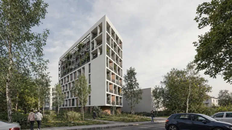 The building seen from the birch garden: a compact body with loggias across its full height and a light steel structure, covered in plants, at the upper levels