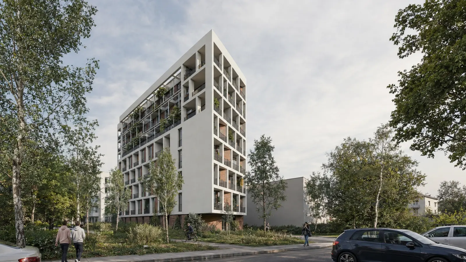 The building seen from the birch garden: a compact body with loggias across its full height and a light steel structure, covered in plants, at the upper levels