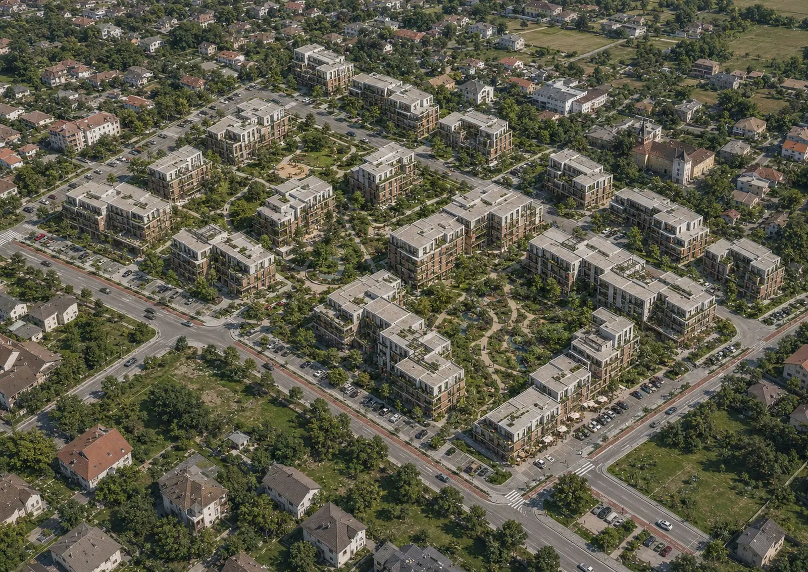 Aerial view of the residential development in Sfântu Gheorghe: three- and four-storey blocks with planted terraces, grouped around a green spine and inserted into the single-family fabric