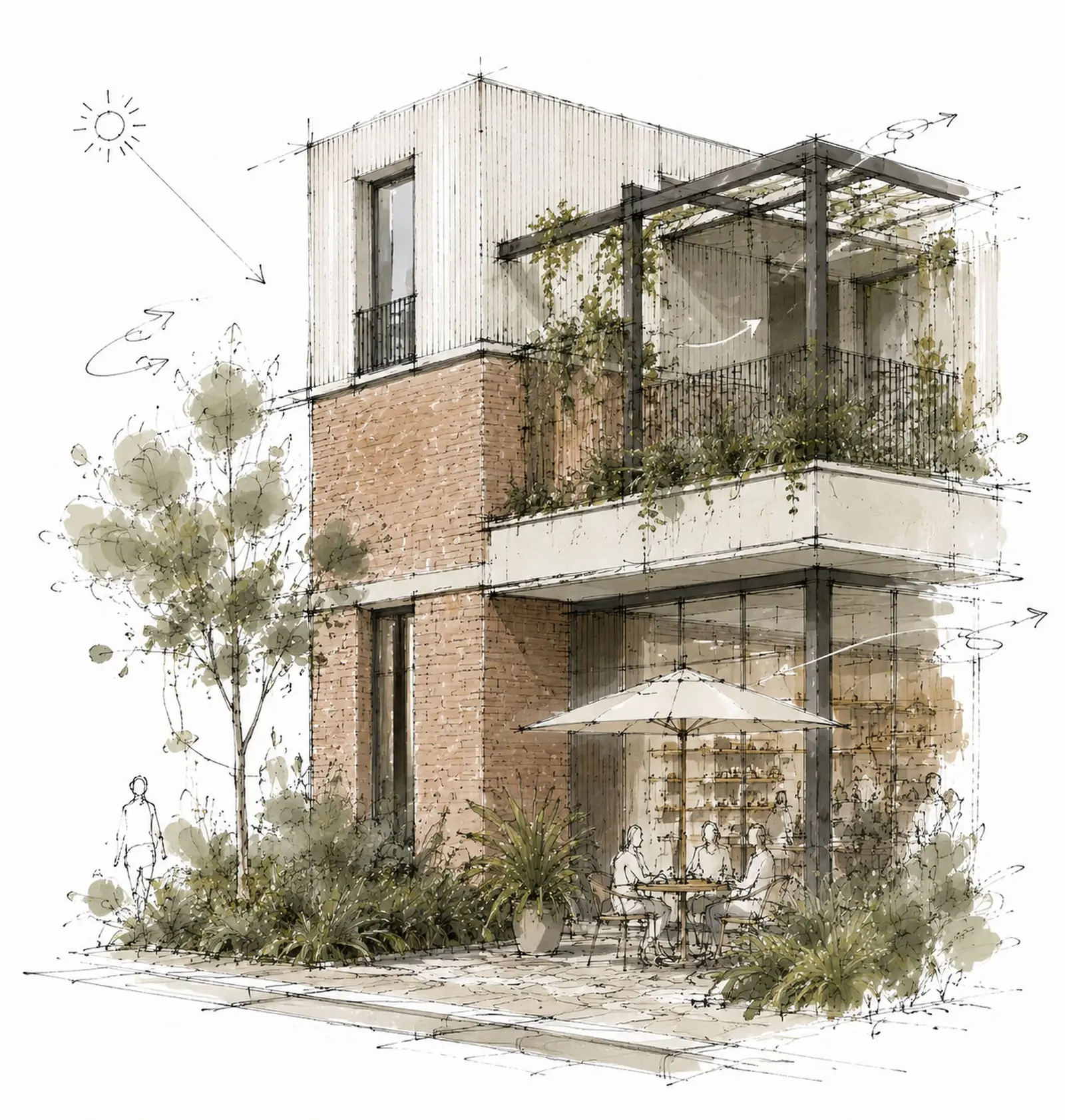 Corner detail sketch: a café at ground level under a parasol, a terrace covered by a planted pergola and the timber-clad volume above