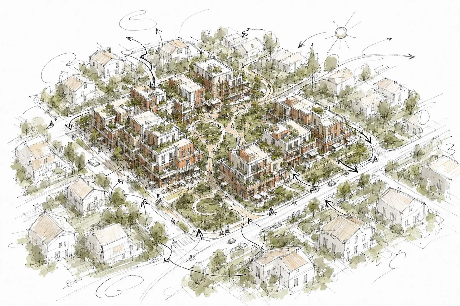 Axonometric sketch of the masterplan: the new blocks grouped around green courtyards, with arrows showing the connections to the surrounding existing houses