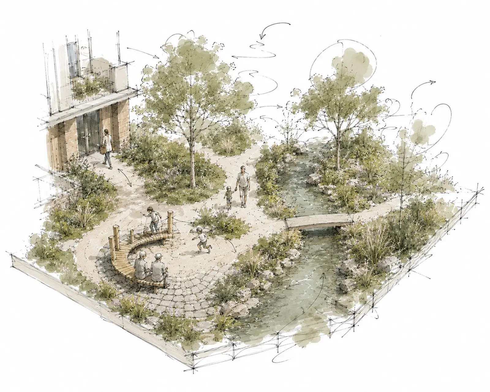 Sketch of a corner of the inner courtyard: the stream with its footbridge, the paved circle with benches and the planting between the paths, at the foot of a building