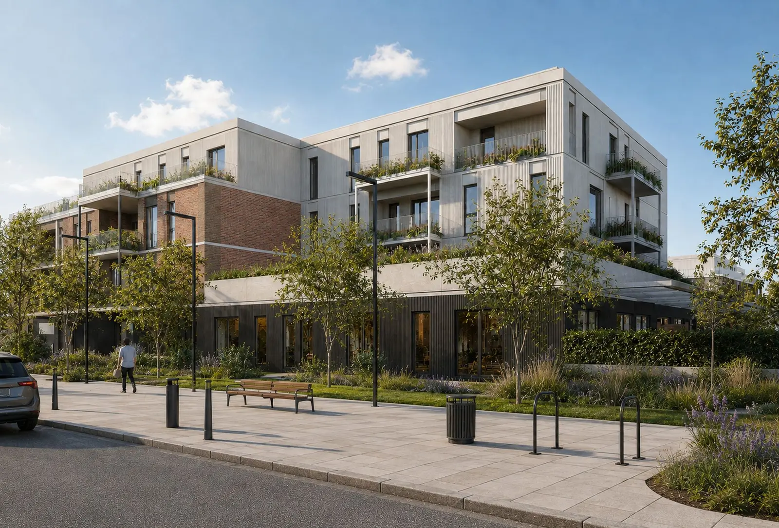 The street frontage: a dark timber-clad ground floor with shopfronts, brick and ribbed-concrete upper levels, planted balconies, and a new pavement with benches and bike racks