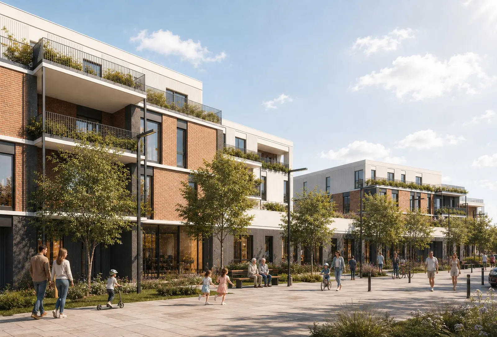 A pedestrian promenade between the blocks: brick facades with planted balconies, active ground floors and a wide car-free surface used by families