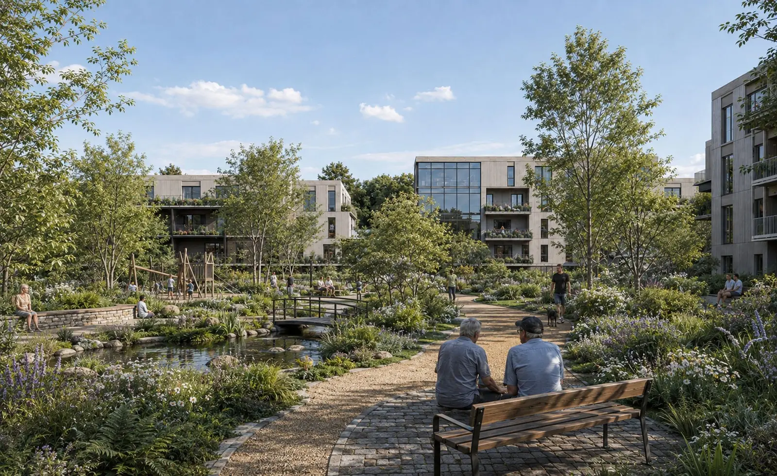 The development's inner park: water, a small bridge, a playground and gravel paths through dense planting, with the residential blocks all around