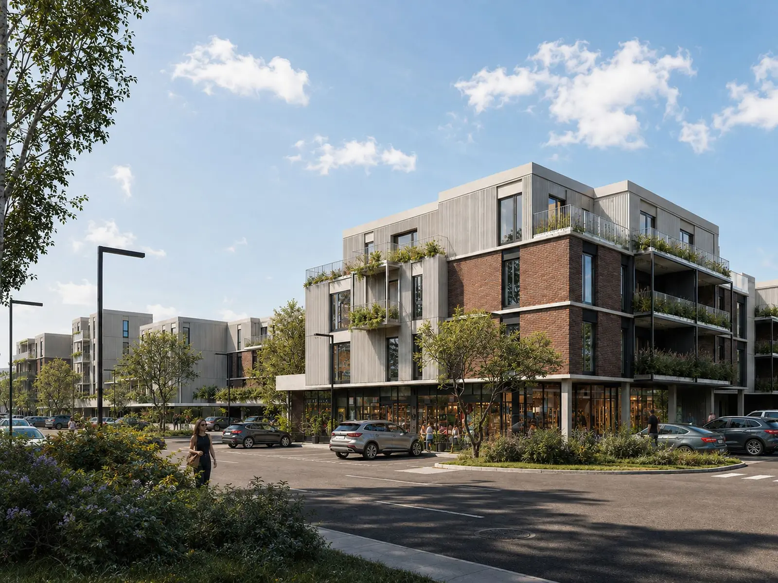 A corner with commercial units on the ground floor and surface parking in front; brick and concrete volumes with a set-back, planted top level