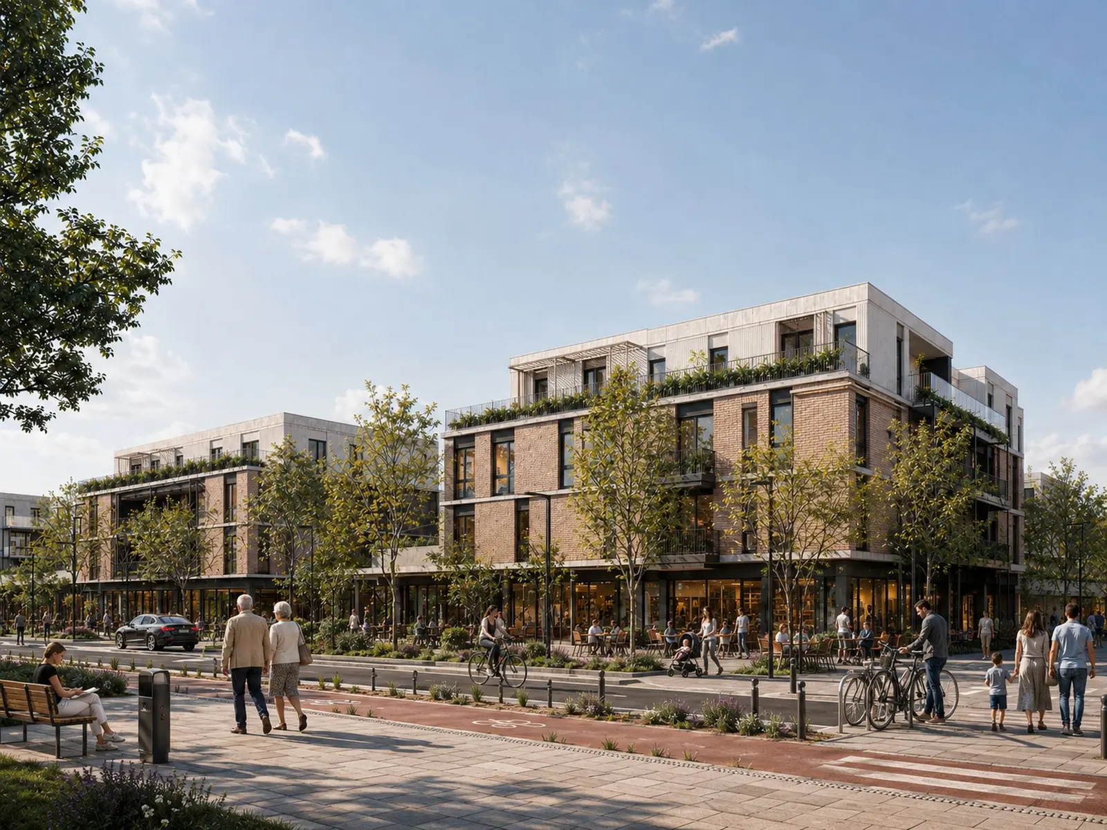 The development's main street: a cycle lane, café terraces under the trees and a continuous commercial ground floor in the brick buildings