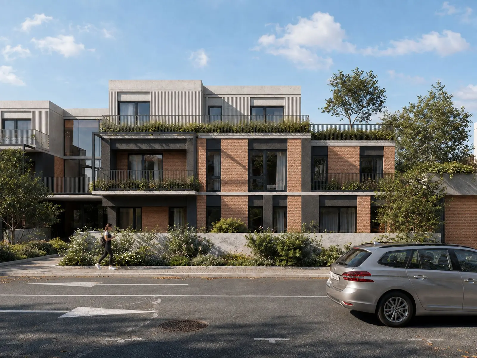 The facade of a residential block seen frontally: brick with dark reveals, planted terraces and a set-back top floor clad in ribbed concrete