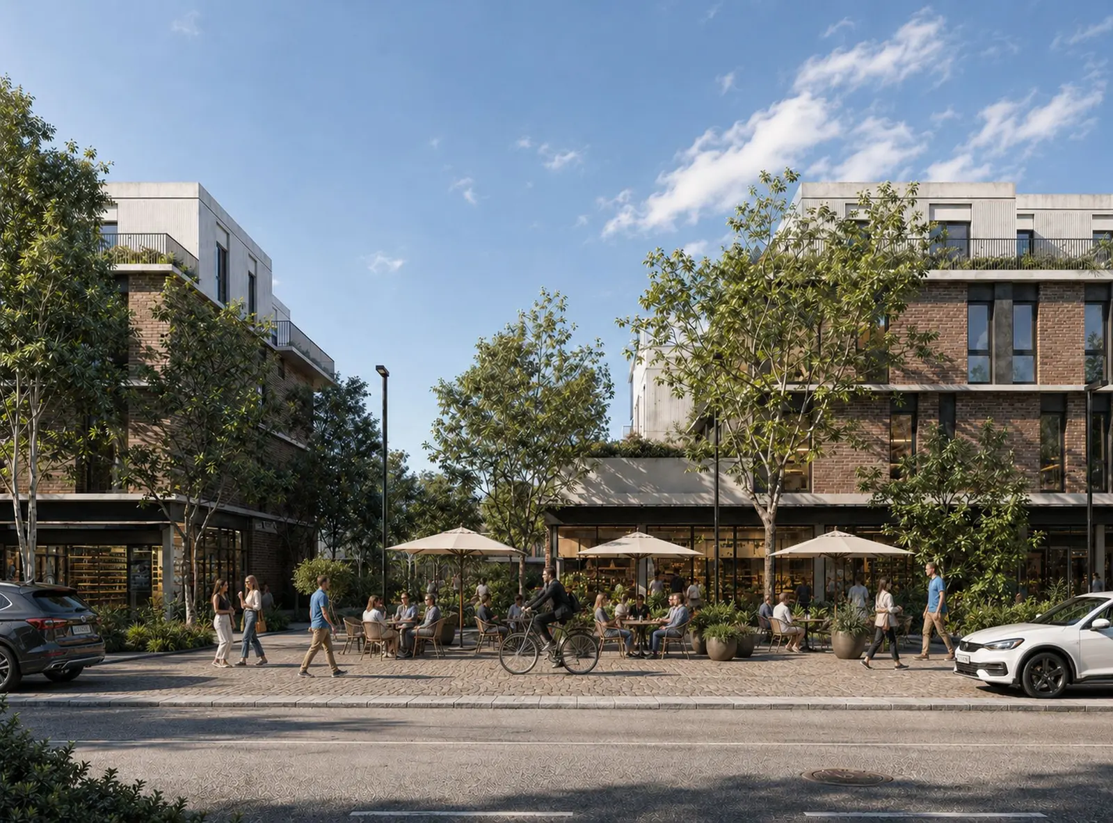 The paved square with a restaurant terrace under parasols, framed by the glazed ground floors of the brick buildings and by the planted trees