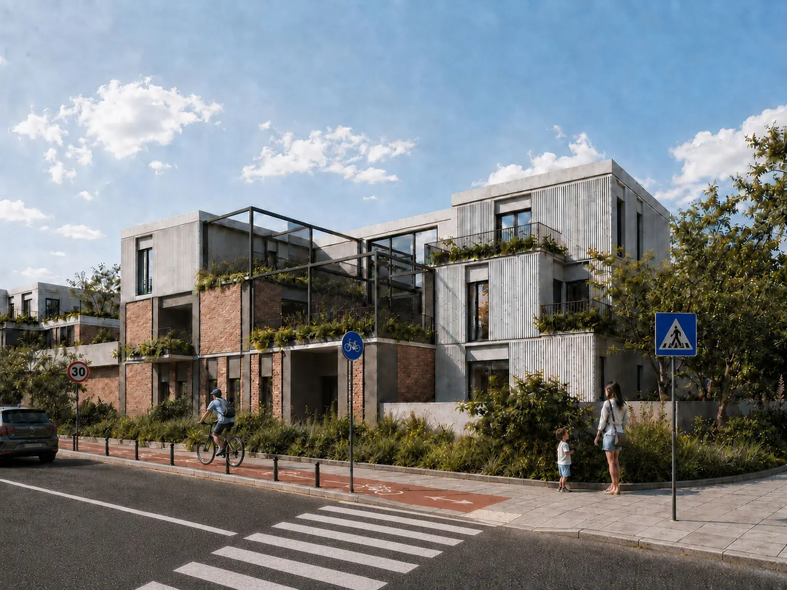 The lower blocks at the edge of the development: steel pergolas with climbing plants over the terraces, a cycle lane and a 30 km/h zone