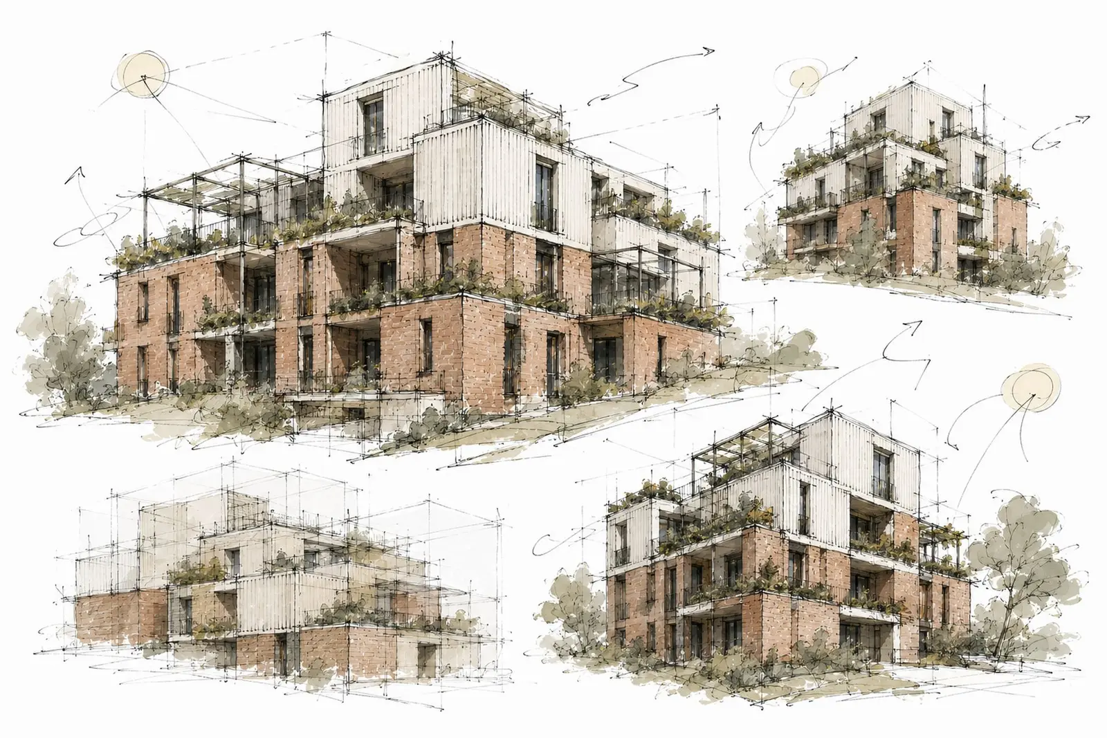 A sheet of four study sketches of the same block: the brick base, the set-back upper level and the pergolas, with arrows for sun and ventilation