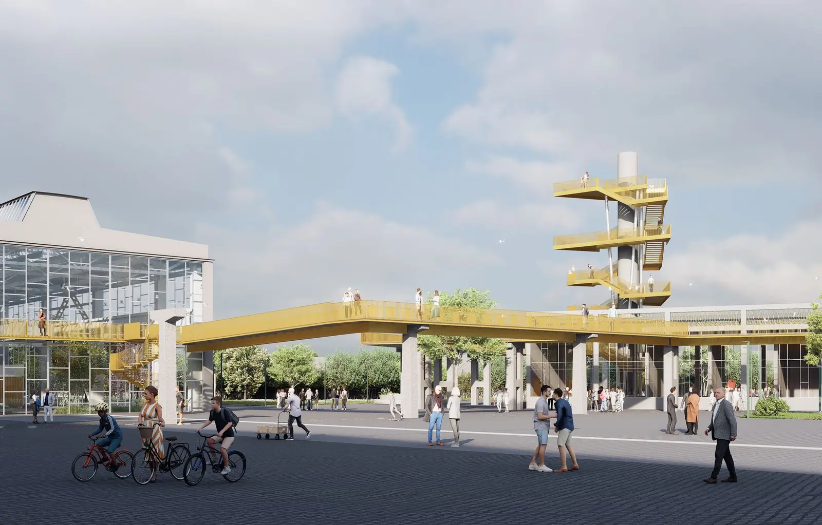 Vedere spre Orangerie, pasarela suspendată și turnul-belvedere de pe coșul fostei centrale.