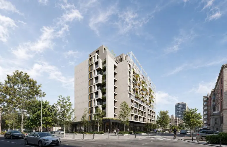 Corner rendering: the tall body with its pale ribbed facade and deep loggias, the terraces under the white steel frame to the right, and a glazed commercial ground floor at the base