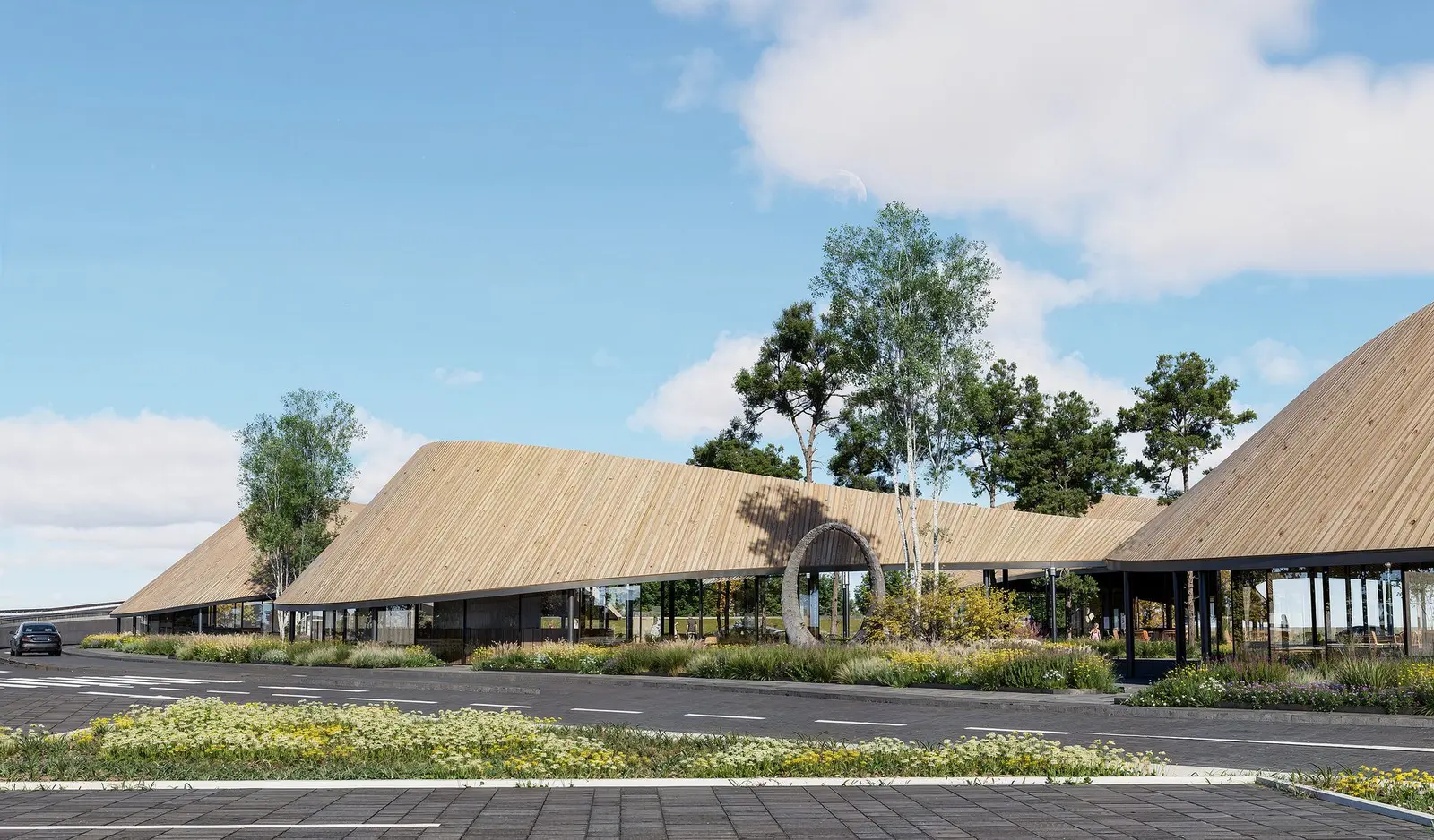 Top-down plan of the food park, with the pond, the pavilions and the perimeter roads