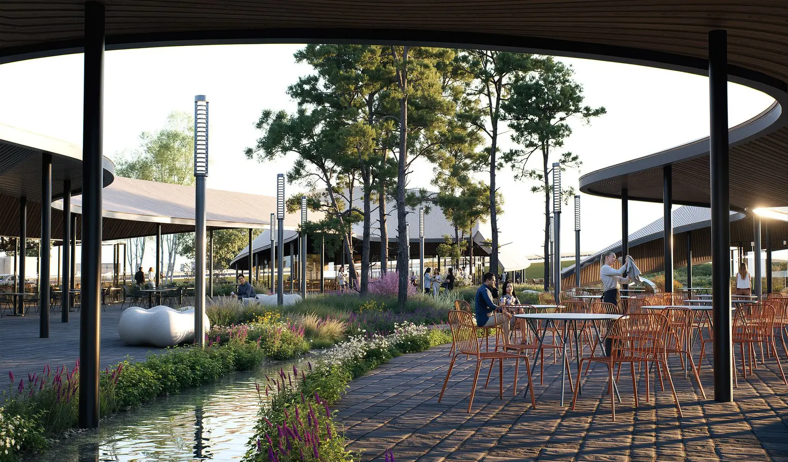 Panorama across the pond, with the two pavilions and the deck terrace reflected in the water