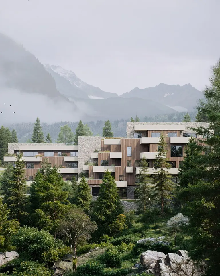 The Sinaia aparthotel among conifers, with the misty Bucegi peaks behind; stone and timber volumes with cantilevered balconies